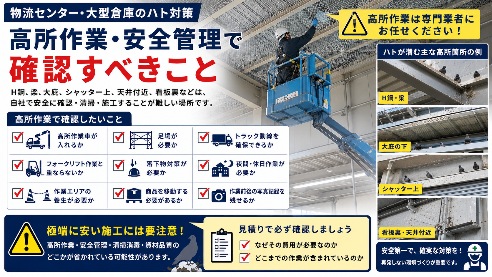 物流センター・大型倉庫のハト対策で必要な高所作業と安全管理の確認ポイント