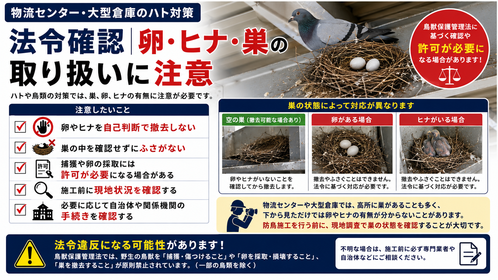 物流センター・大型倉庫のハト対策における法令確認を解説したサムネイル画像。卵・ヒナ・巣の取り扱い、鳥獣保護管理法に基づく確認、許可が必要になる場合、施工前の現地調査の重要性を紹介。