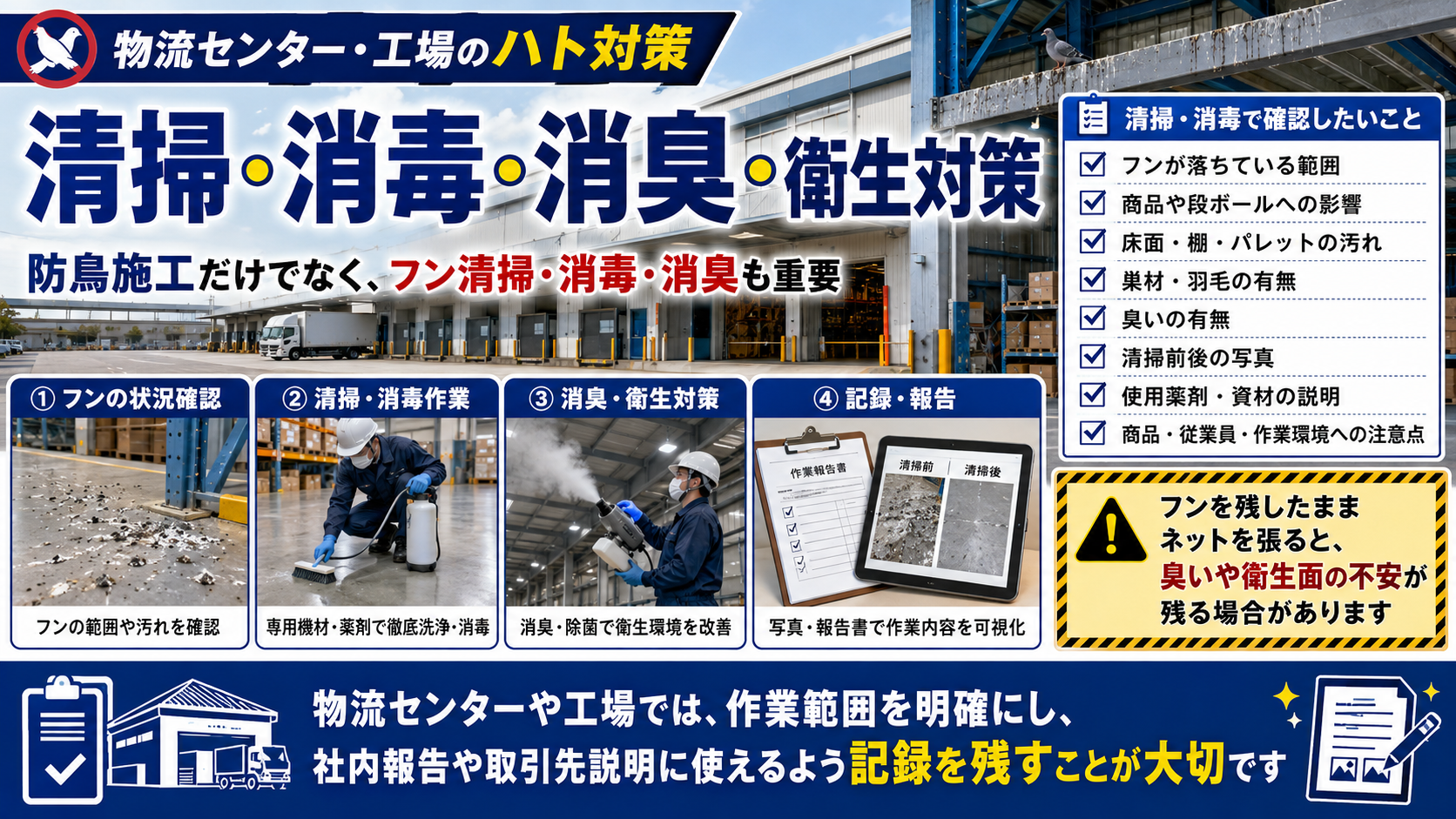 物流センター・工場のハト対策で必要な清掃・消毒・消臭・衛生対策