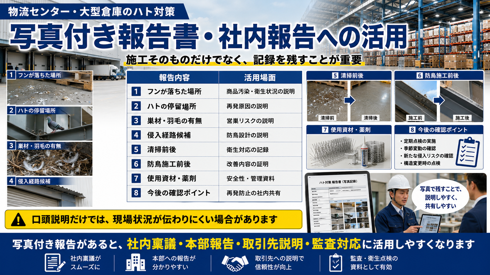 物流センター・大型倉庫のハト対策で写真付き報告書を社内報告に活用
