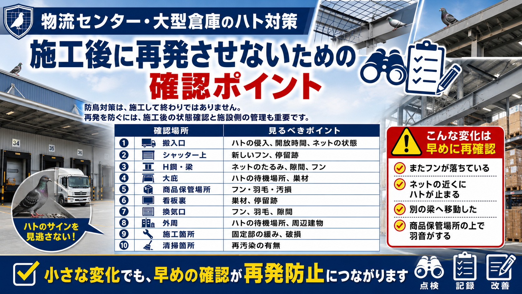 物流センター・大型倉庫のハト対策で施工後に再発させない確認ポイント