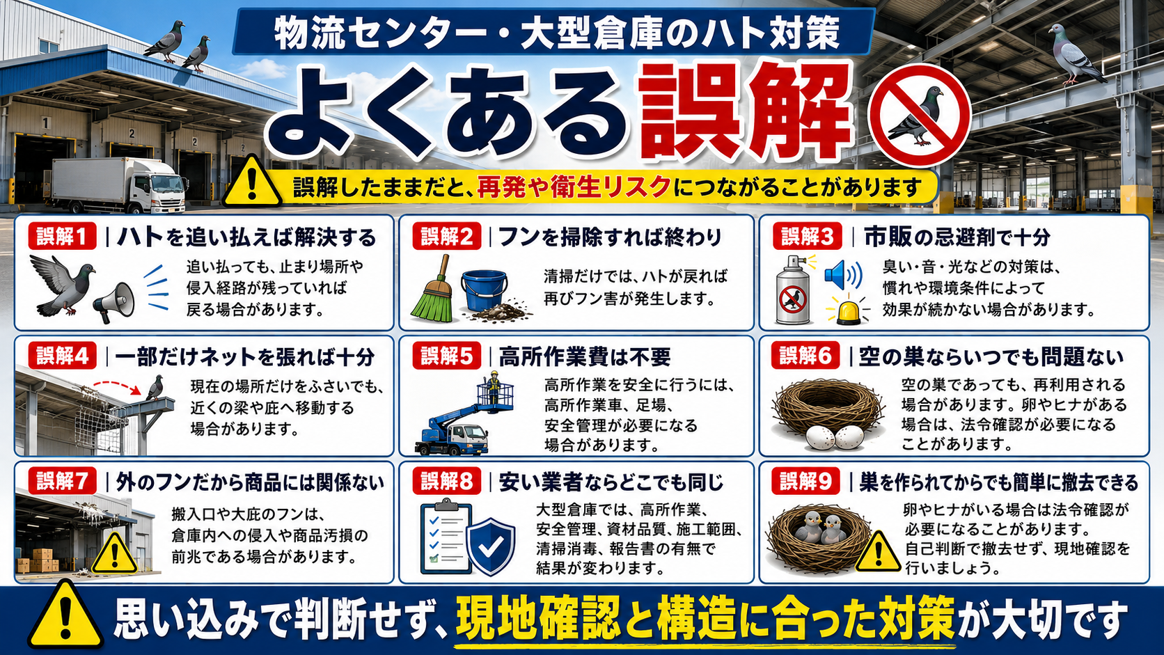 物流センター・大型倉庫のハト対策でよくある誤解と注意点