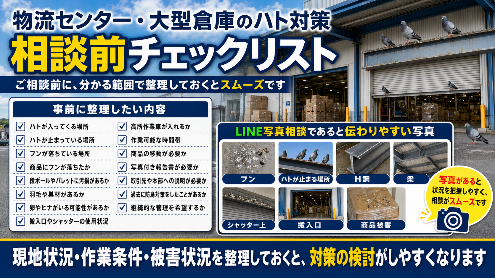 物流センター・大型倉庫のハト対策における相談前チェックリストを解説したサムネイル画像。ハトの侵入場所、停留場所、フン被害、商品汚損、巣材や羽毛、卵やヒナの可能性、搬入口やシャッターの使用状況、LINE写真相談で伝えるべき写真例を紹介。
