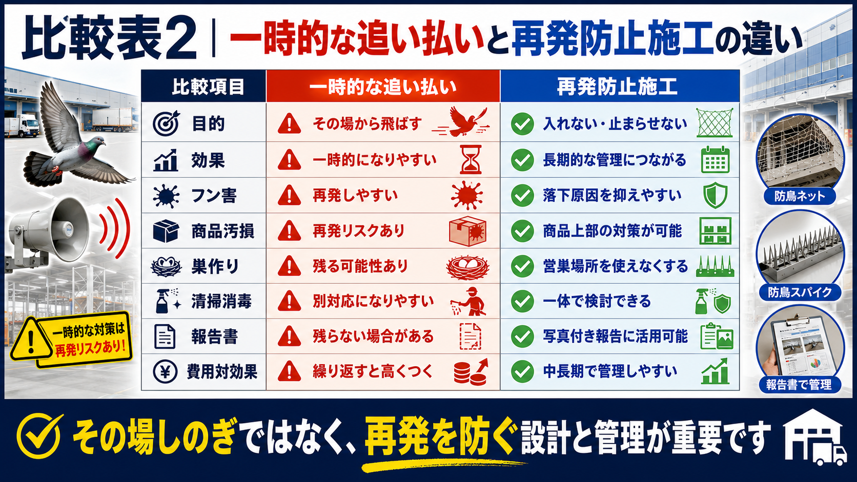 物流センターのハト対策における一時的な追い払いと再発防止施工の違い