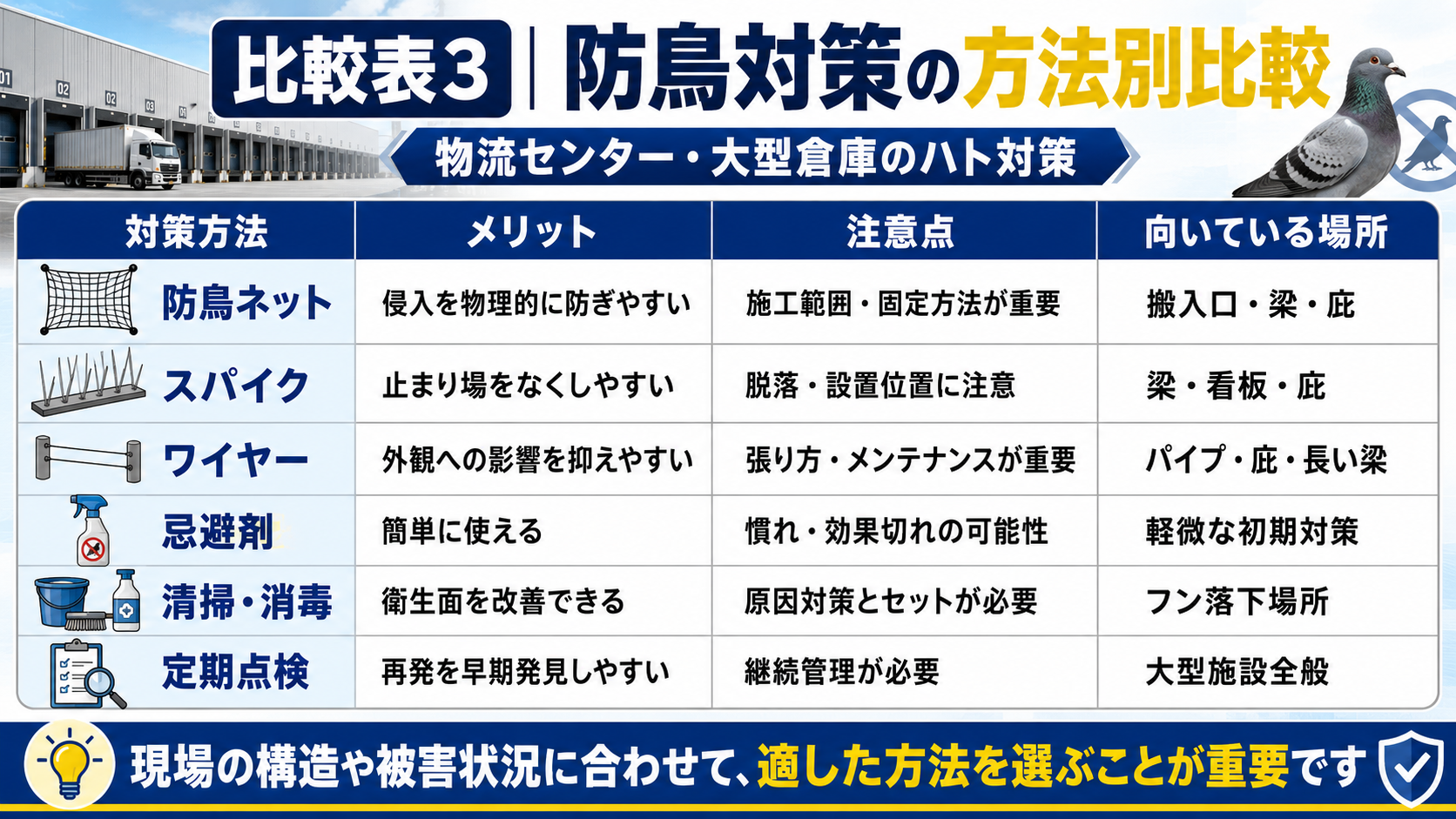 物流センター・大型倉庫のハト対策における防鳥対策の方法別比較を解説したサムネイル画像。防鳥ネット、スパイク、ワイヤー、忌避剤、清掃・消毒、定期点検のメリットや注意点、向いている場所を比較。