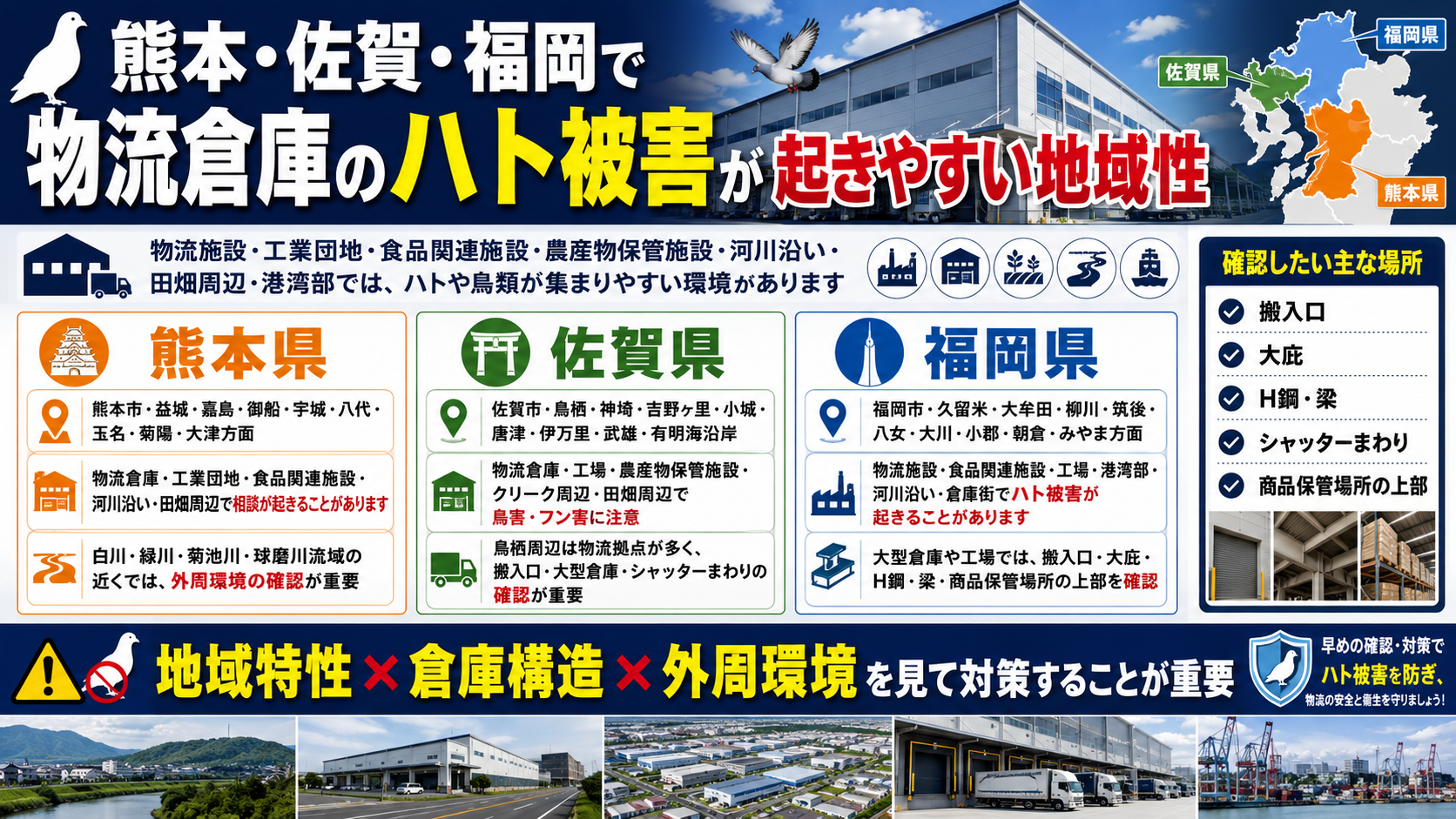 熊本・佐賀・福岡で物流倉庫のハト被害が起きやすい地域性を解説したサムネイル画像。物流施設、工業団地、食品関連施設、農産物保管施設、河川沿い、田畑、港湾部など、ハトや鳥類が集まりやすい外周環境と倉庫構造の確認ポイントを紹介。
