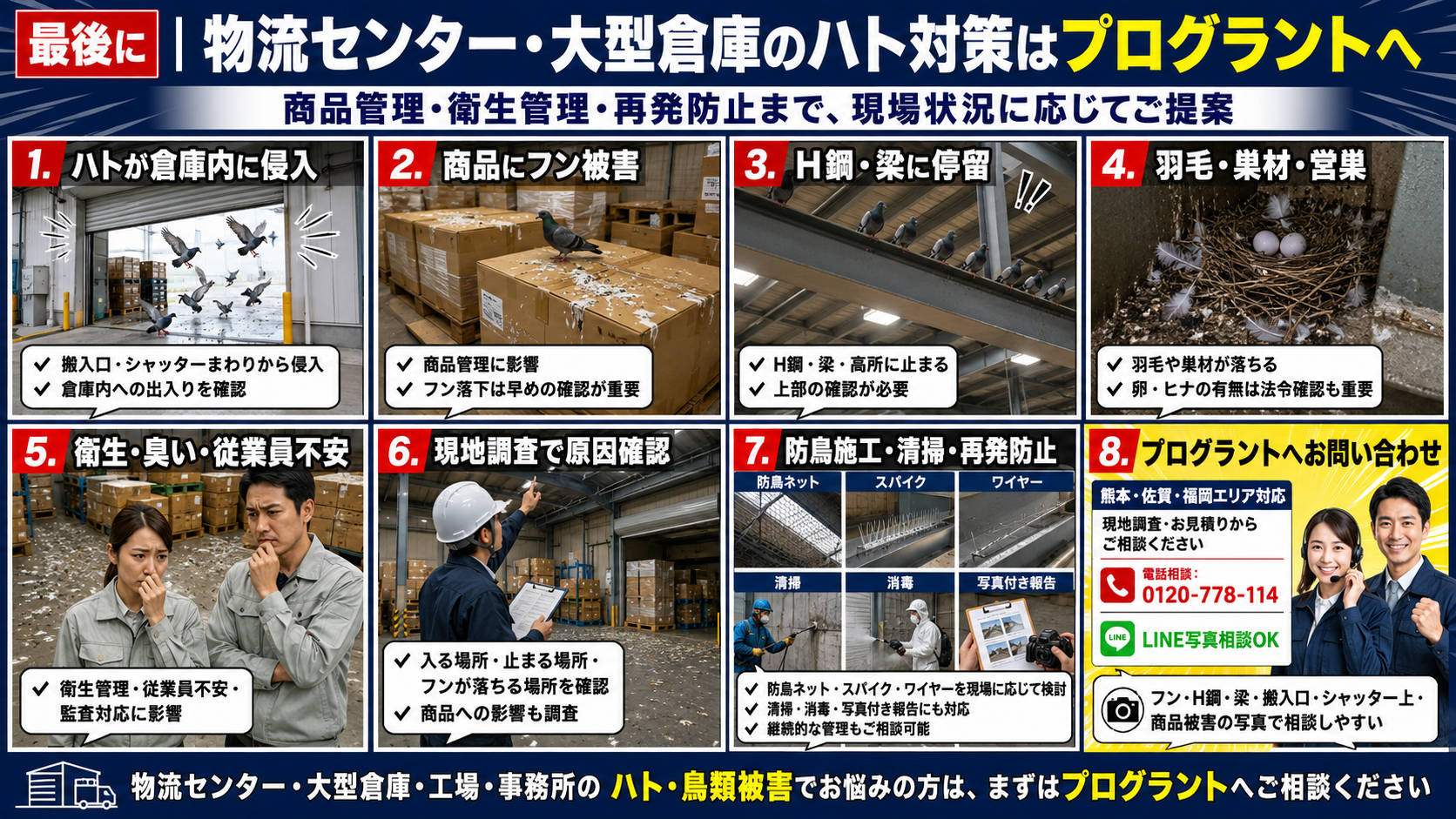 物流センター・大型倉庫のハト対策を8コマ漫画風で解説したプログラント案内画像