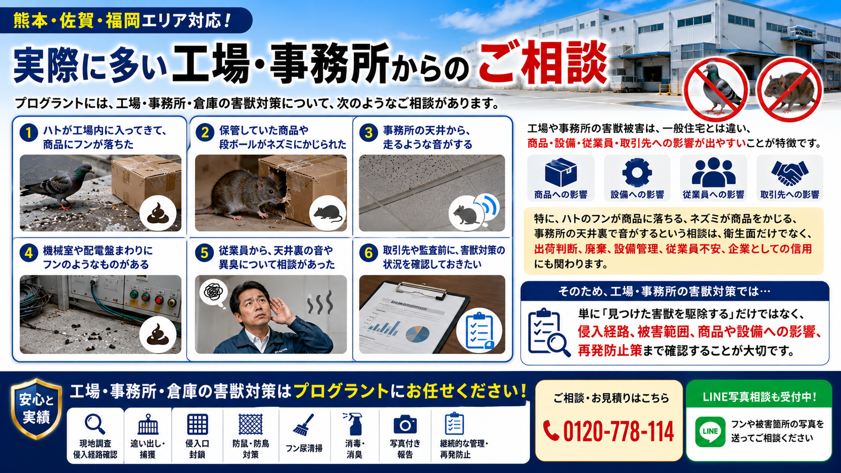 熊本・佐賀・福岡の工場・事務所・倉庫で多い害獣被害の相談事例