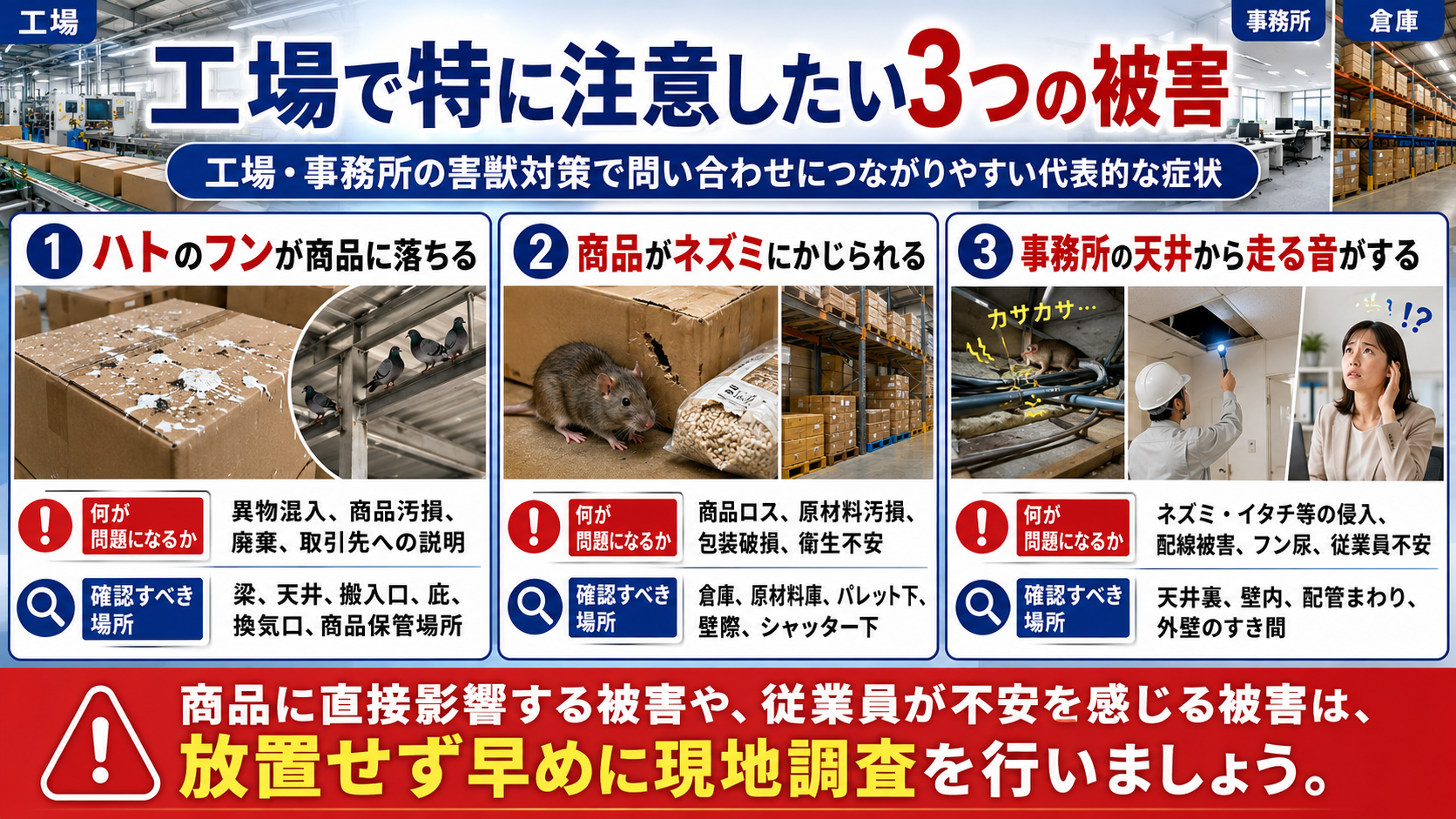 工場・事務所で特に注意したいハト・ネズミ・天井裏の害獣被害3選