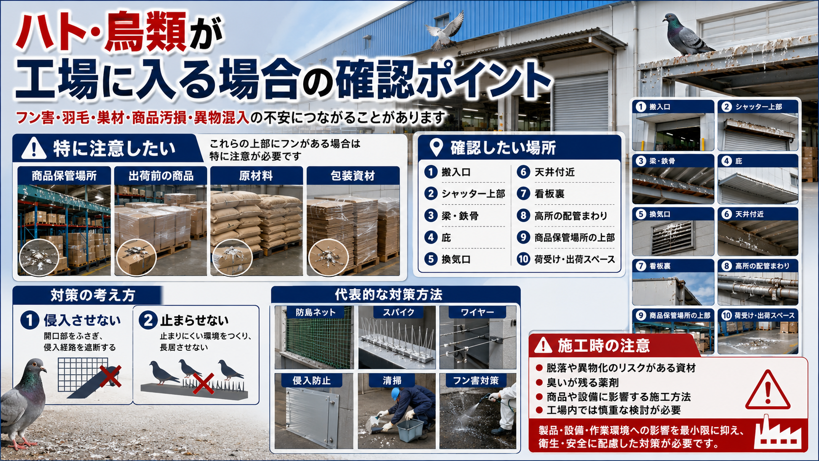工場にハト・鳥類が入る場合の確認ポイントと防鳥対策