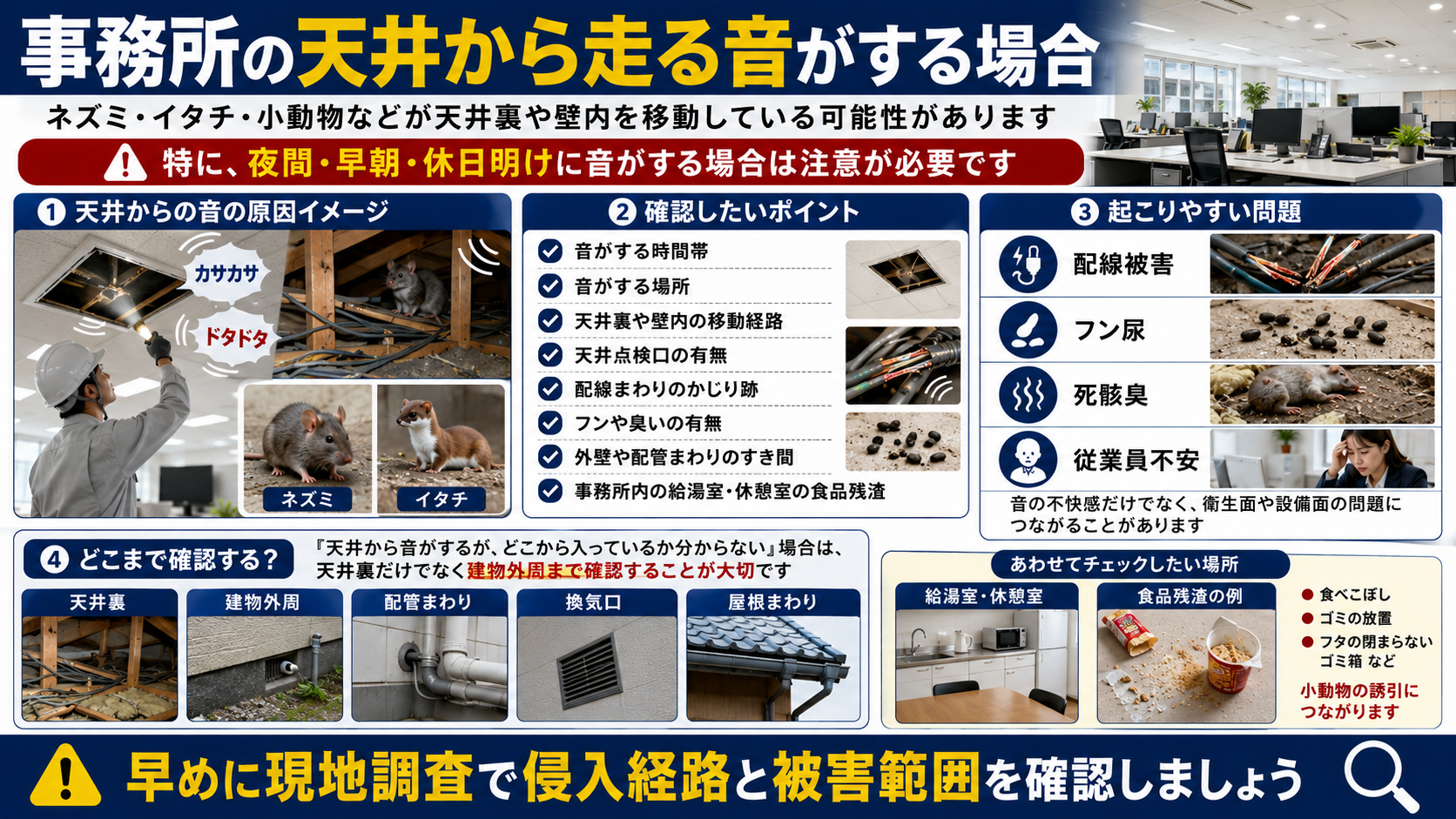 事務所の天井から走る音がする場合の原因と害獣侵入経路の確認ポイント