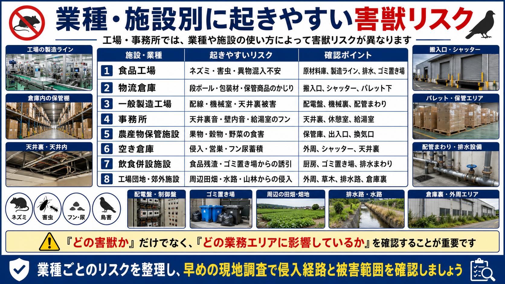 工場・事務所の業種・施設別に起きやすい害獣リスクと確認ポイント