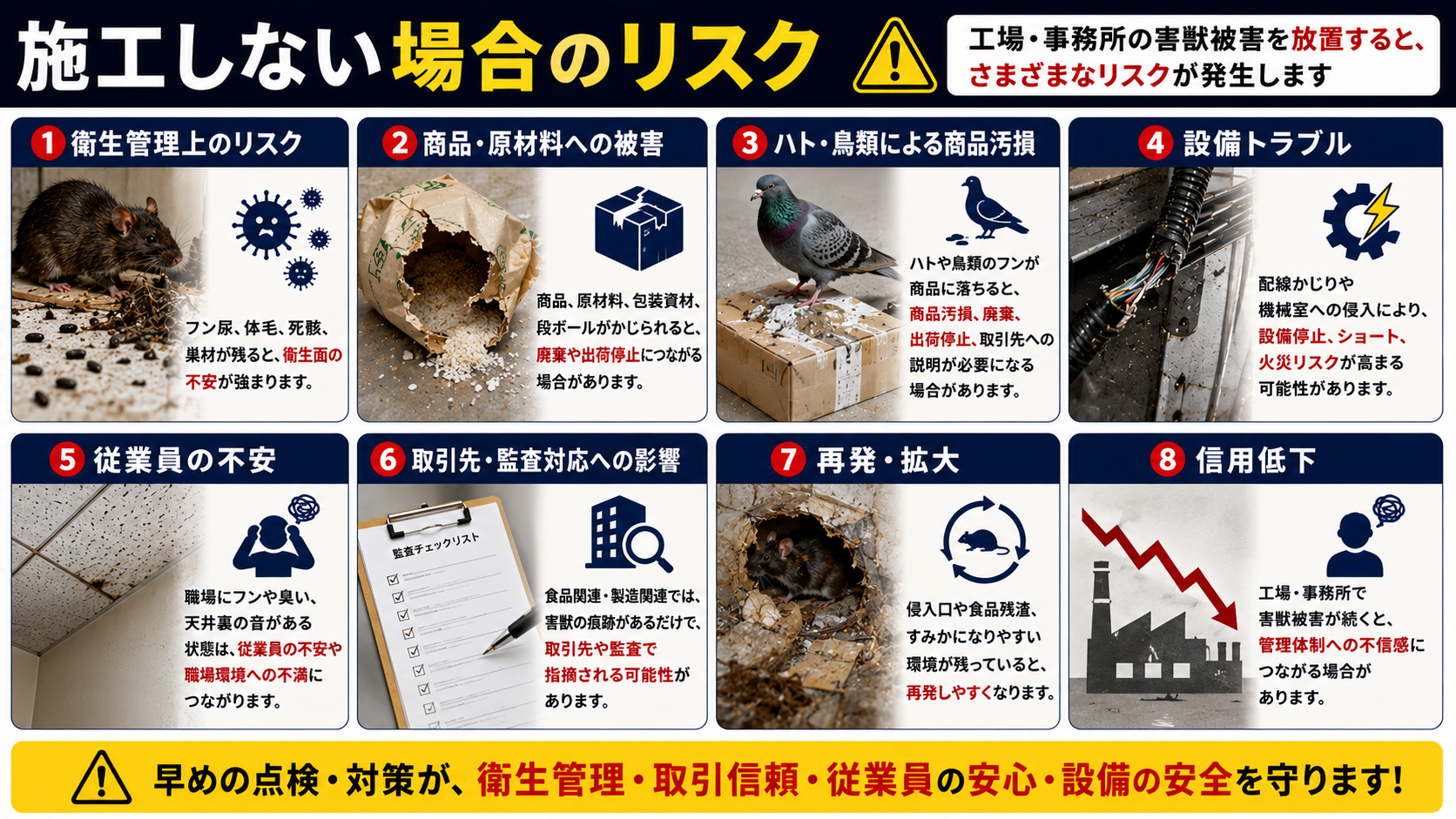 工場・事務所の害獣被害を放置した場合の衛生・設備・信用リスク