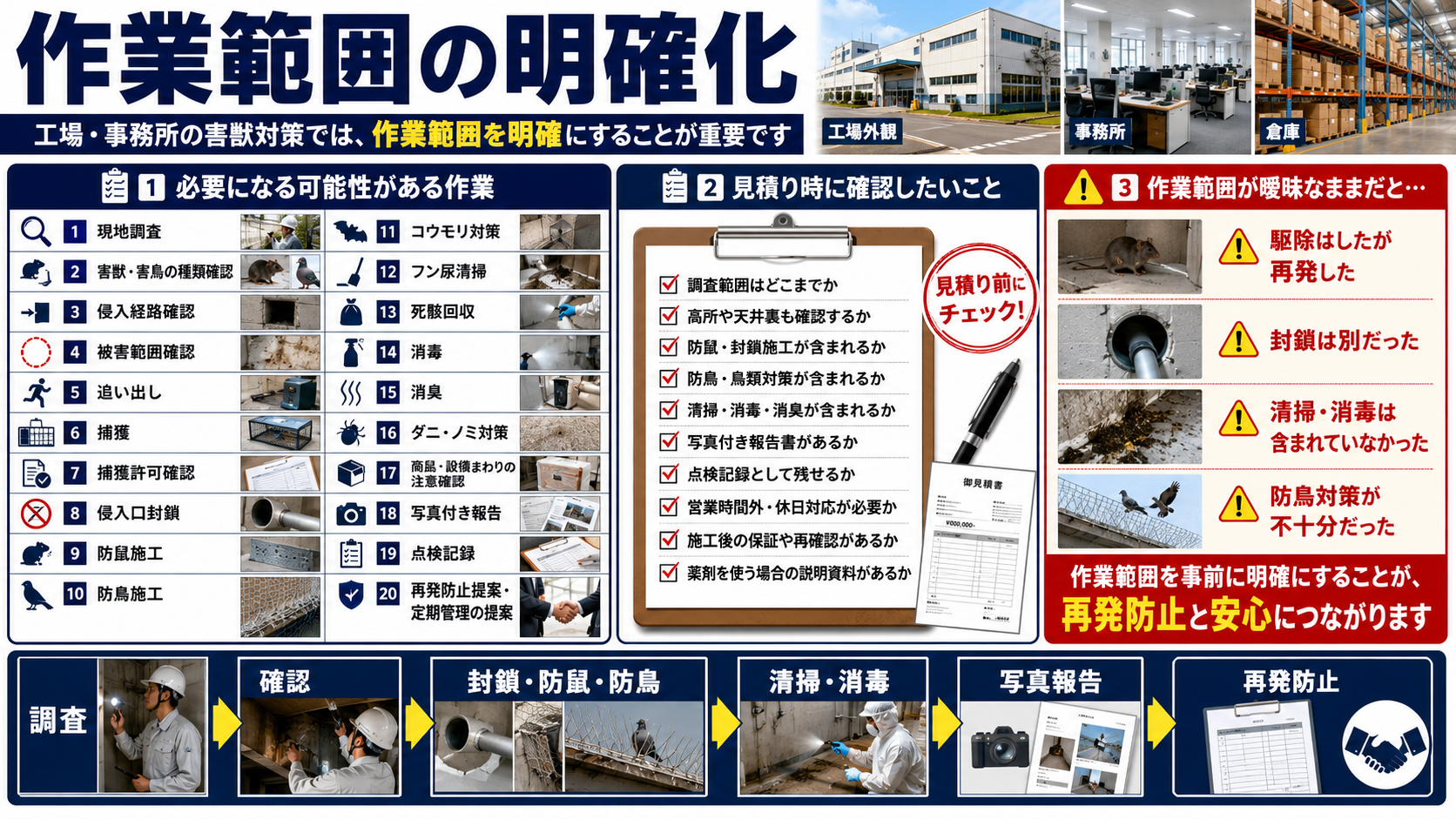 工場・事務所の害獣対策で重要な作業範囲の明確化と見積もり確認ポイント