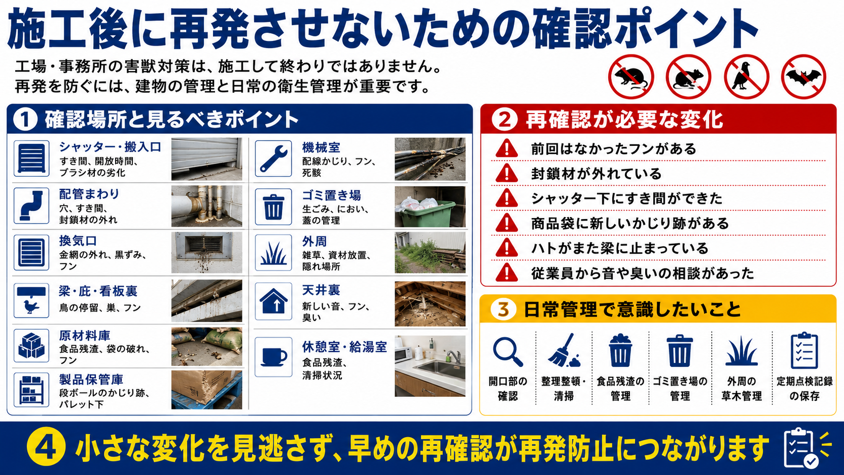 工場・事務所の害獣対策で施工後に再発させない確認ポイント