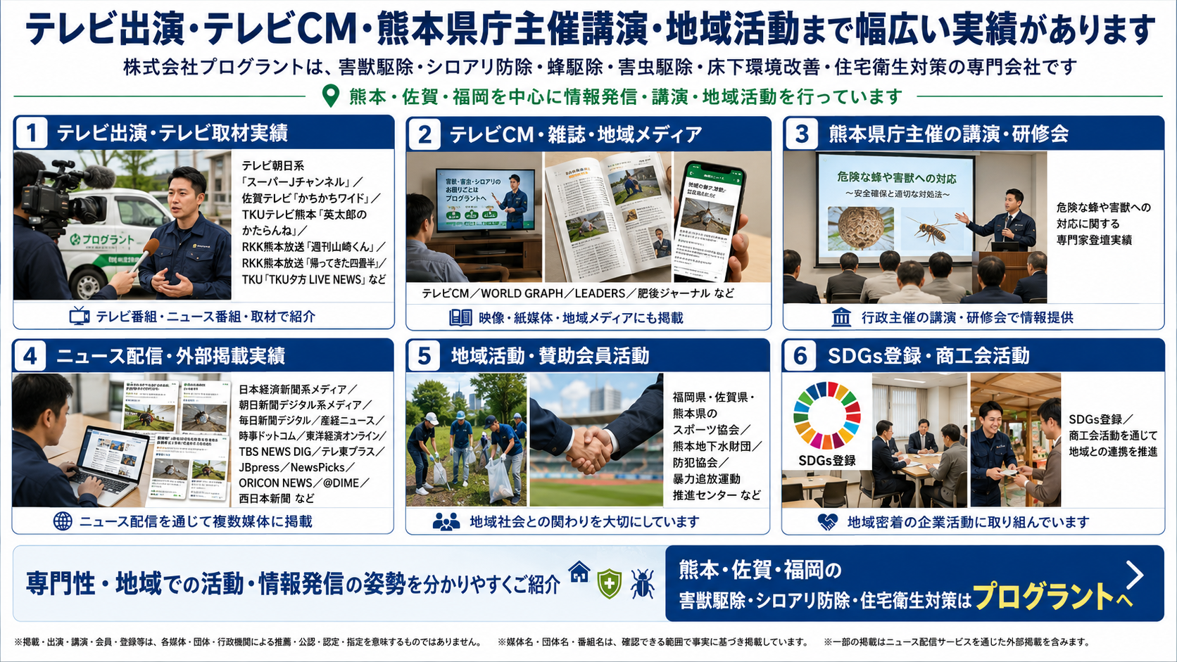 株式会社プログラントのテレビ出演・テレビCM・熊本県庁主催講演・地域活動実績を紹介する画像。熊本・佐賀・福岡で害獣駆除、シロアリ防除、蜂駆除、害虫駆除、床下環境改善、住宅衛生対策に対応する専門会社の信頼性と実績を写真付きで解説
