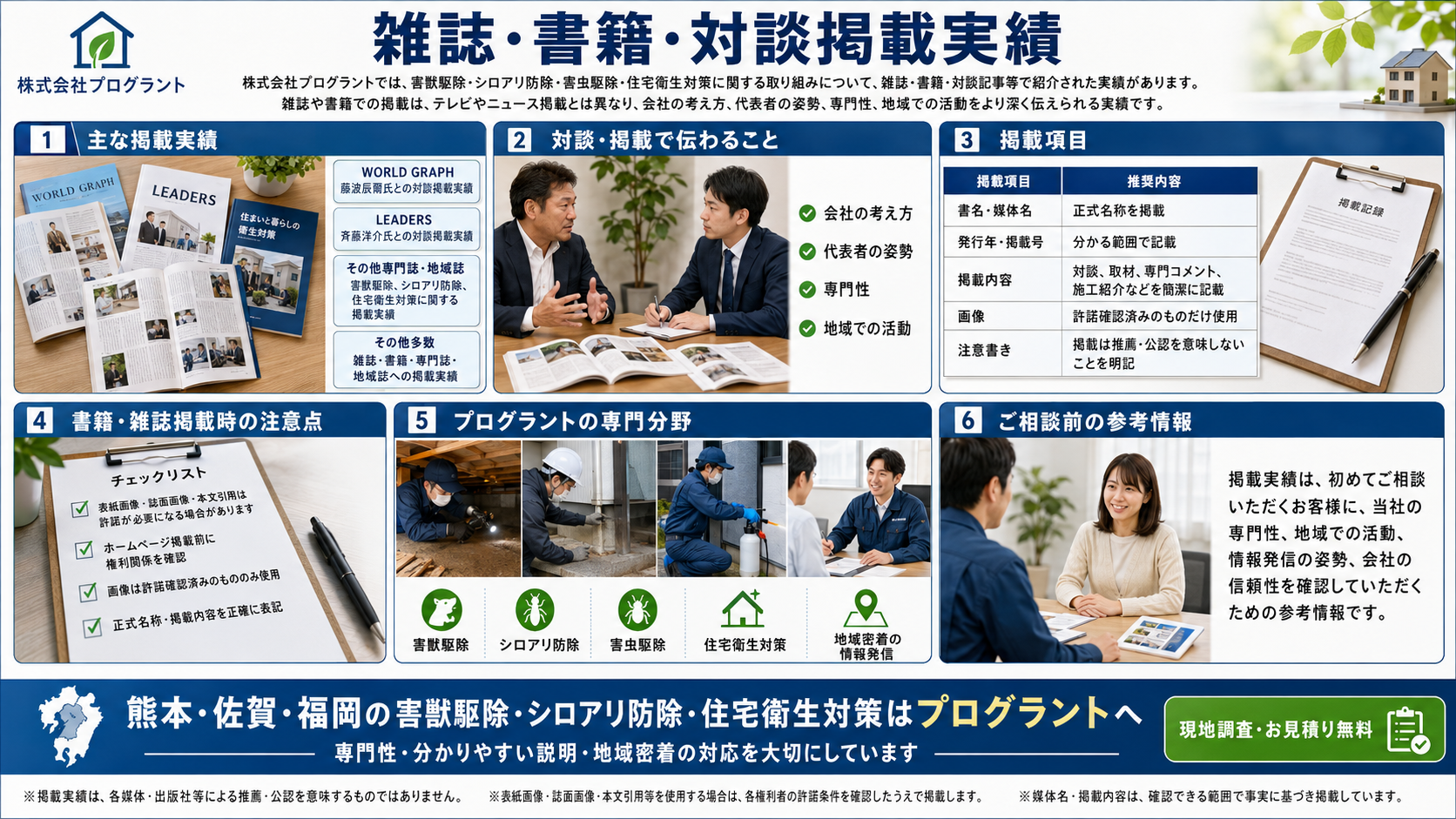 株式会社プログラントの雑誌・書籍・対談掲載実績を紹介する画像。WORLD GRAPH、LEADERSなどでの対談掲載や、害獣駆除、シロアリ防除、害虫駆除、住宅衛生対策に関する専門性、地域活動、掲載時の注意点を写真付きで解説
