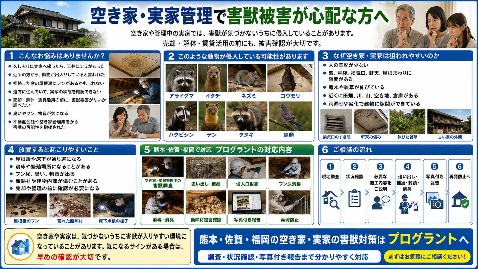 株式会社プログラントの空き家・実家管理における害獣被害対策を紹介する画像。熊本・佐賀・福岡で、空き家や実家に侵入するアライグマ、イタチ、ネズミ、コウモリ、ハクビシン、テン、タヌキ、鳥類の被害、侵入口、調査、追い出し・捕獲、封鎖、清掃、消毒、写真付き報告、再発防止までを写真付きで解説 