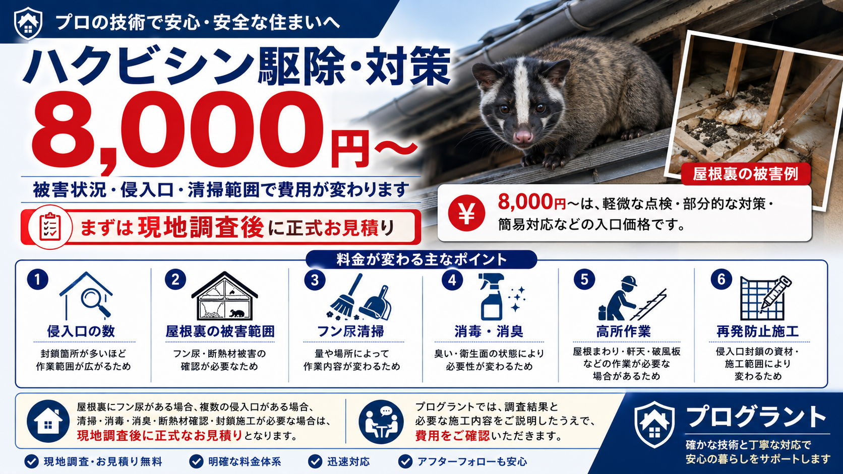 ハクビシン駆除・対策8,000円～の料金案内として、侵入口の数・屋根裏被害・フン尿清掃・消毒消臭・高所作業・再発防止施工により費用が変わることを解説したプログラントのサムネイル画像 
