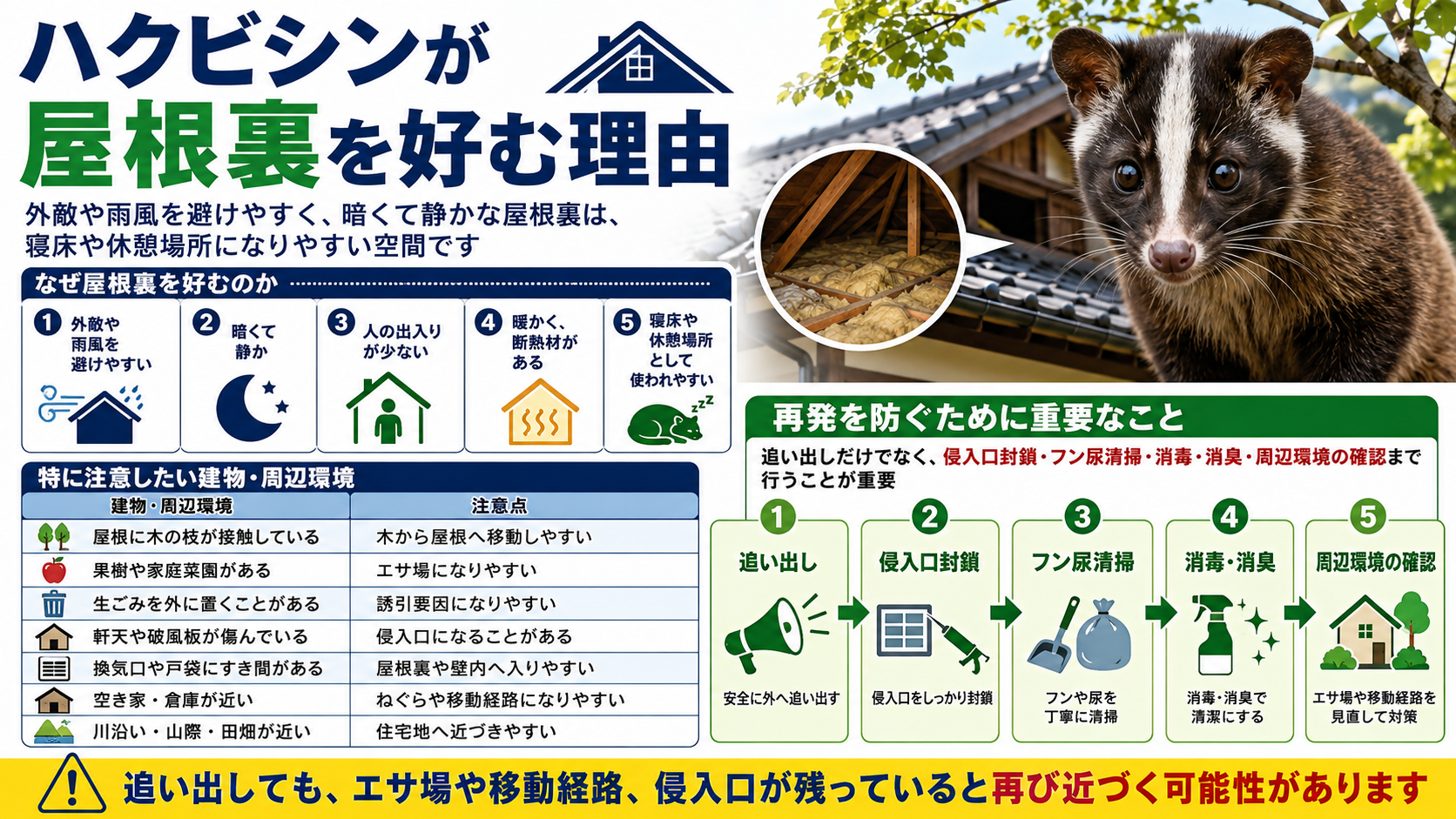 ハクビシンが屋根裏を好む理由として、外敵や雨風を避けやすい暗く静かな空間であることや、木の枝・果樹・生ごみ・軒天・破風板・換気口・戸袋・空き家など再侵入につながる周辺環境と対策を解説した画像 