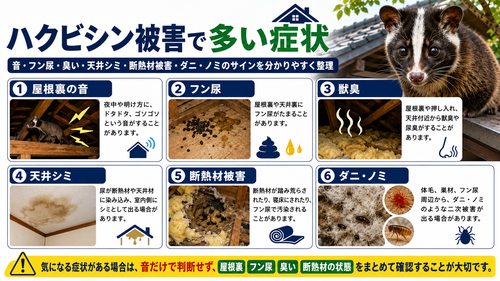 ハクビシン被害で多い症状として、屋根裏の音・フン尿・獣臭・天井シミ・断熱材被害・ダニやノミの二次被害を分かりやすく解説した画像 