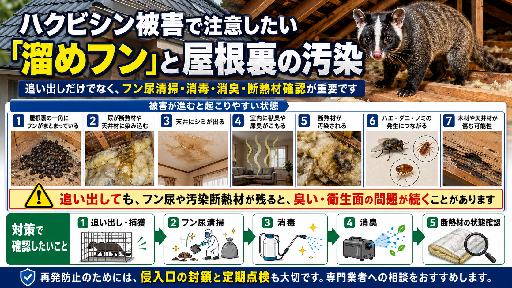 ハクビシン被害で注意したい溜めフンと屋根裏の汚染
