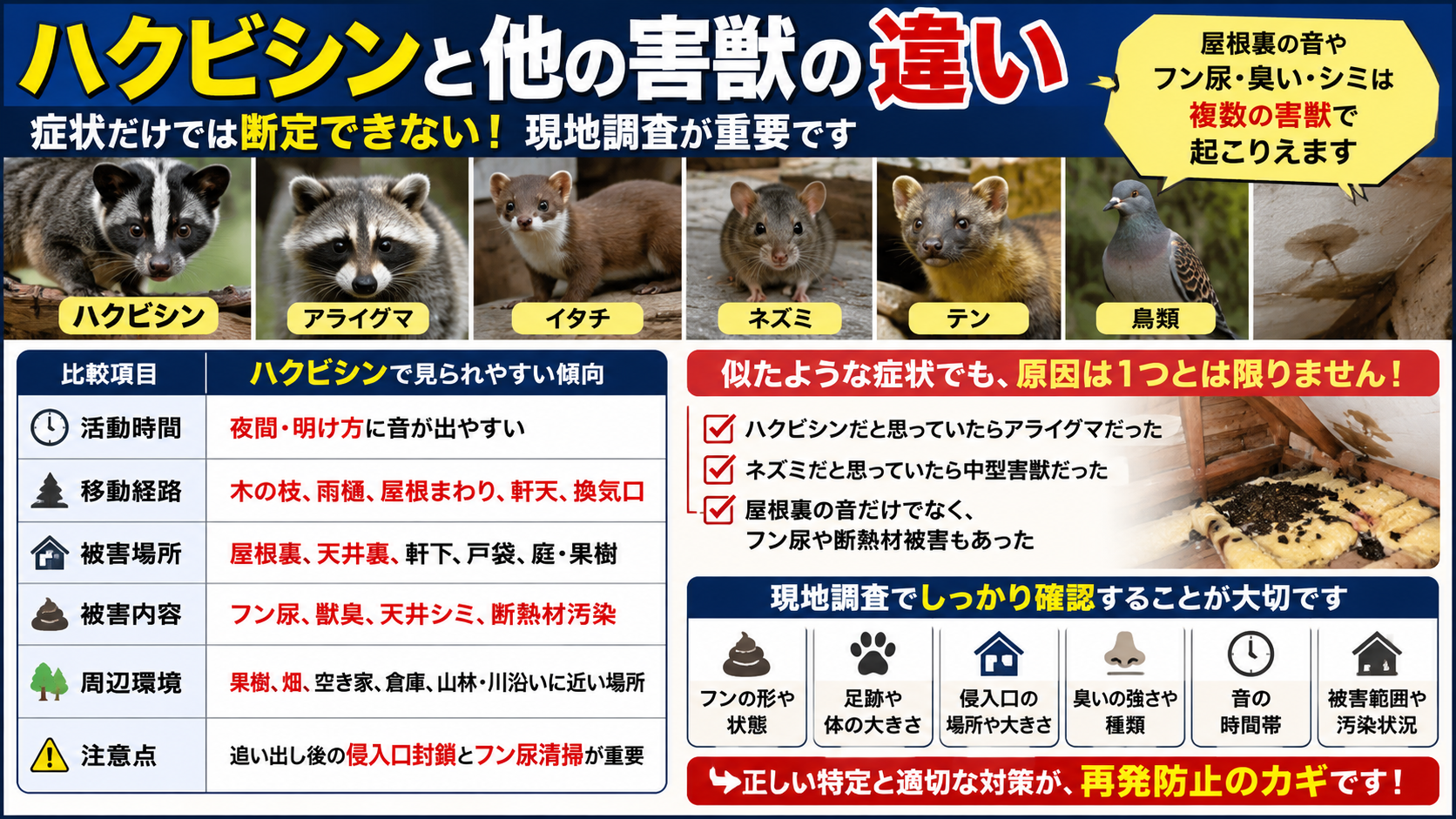 ハクビシンとアライグマ・イタチ・ネズミ・テン・鳥類など屋根裏に侵入する害獣の違いを比較し、活動時間・移動経路・被害場所・フン尿・臭い・天井シミ・断熱材汚染・現地調査での確認ポイントを解説した画像 