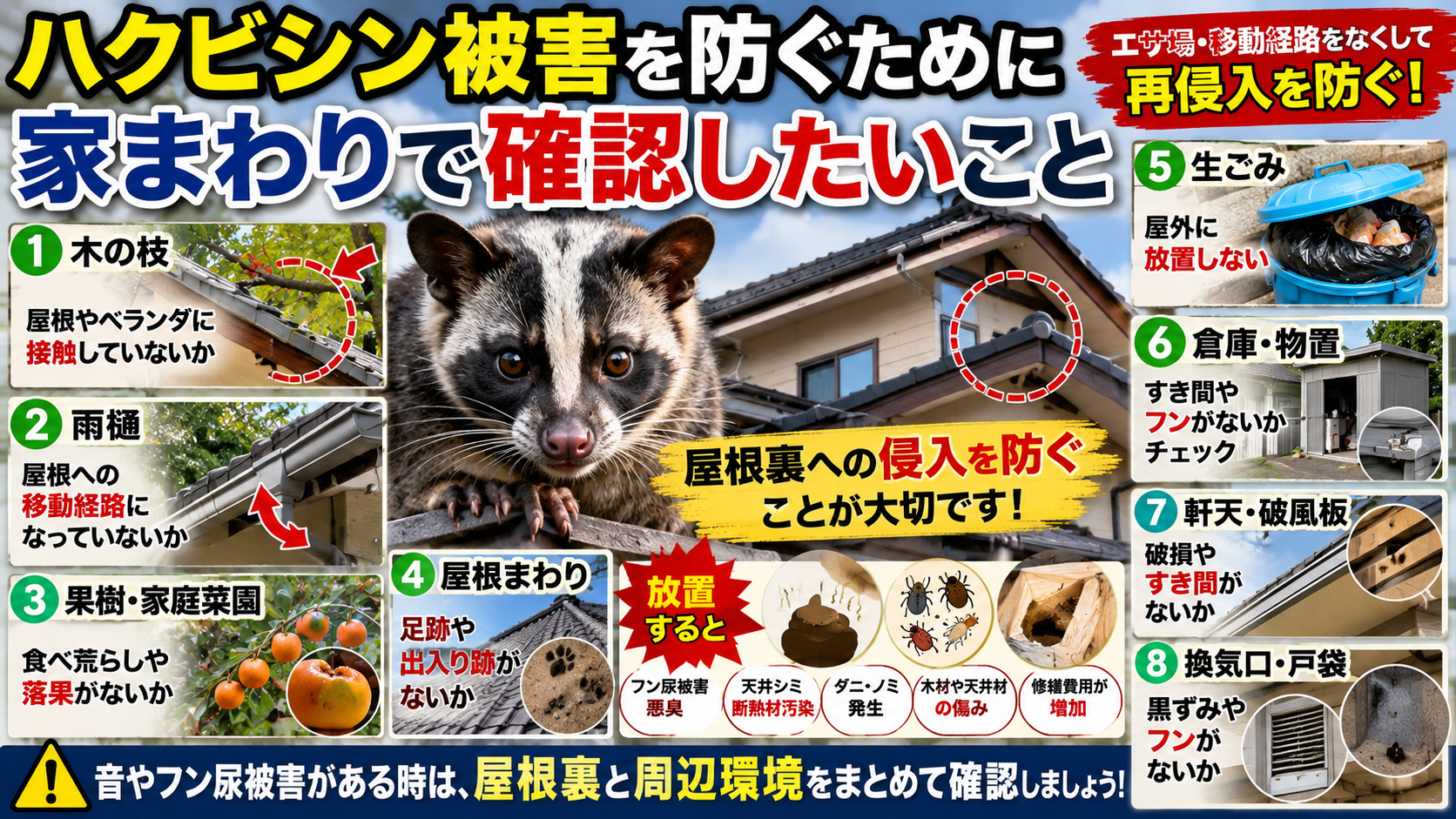 ハクビシン被害を防ぐために、木の枝・雨樋・果樹・家庭菜園・生ごみ・倉庫・軒天・破風板・換気口・戸袋・屋根まわりなど家まわりの確認ポイントと再侵入対策を解説した画像 