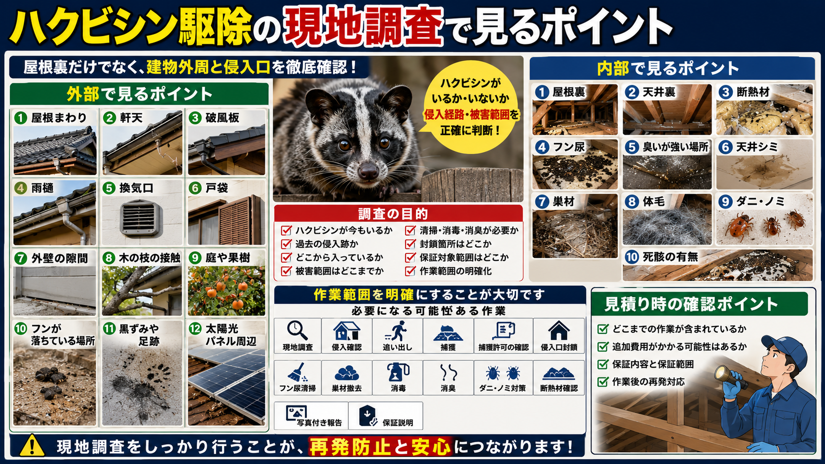 ハクビシン駆除の現地調査で確認する屋根まわり・軒天・破風板・雨樋・換気口・戸袋・外壁の隙間・屋根裏・断熱材・フン尿・臭い・天井シミと作業範囲の確認ポイントを解説した画像 