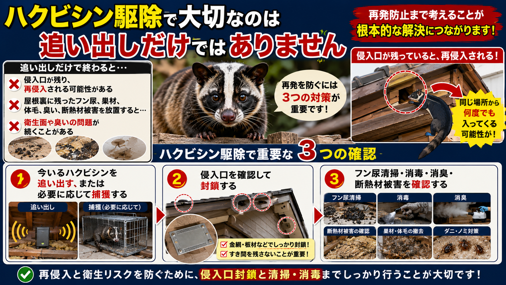 ハクビシン駆除は追い出しだけでなく、再侵入を防ぐための侵入口封鎖とフン尿清掃・消毒消臭・断熱材被害確認まで行うことが重要だと解説した画像 