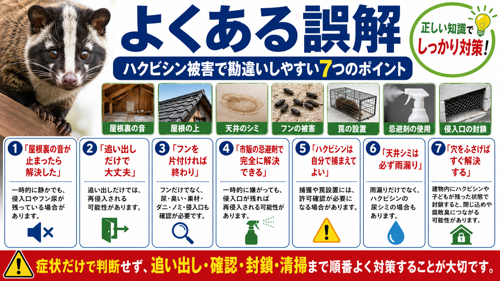 ハクビシン被害でよくある誤解として、屋根裏の音が止まっても侵入口やフン尿が残る可能性、追い出しだけでは再侵入するリスク、天井シミや捕獲許可確認、封鎖前の確認の重要性を解説した画像 