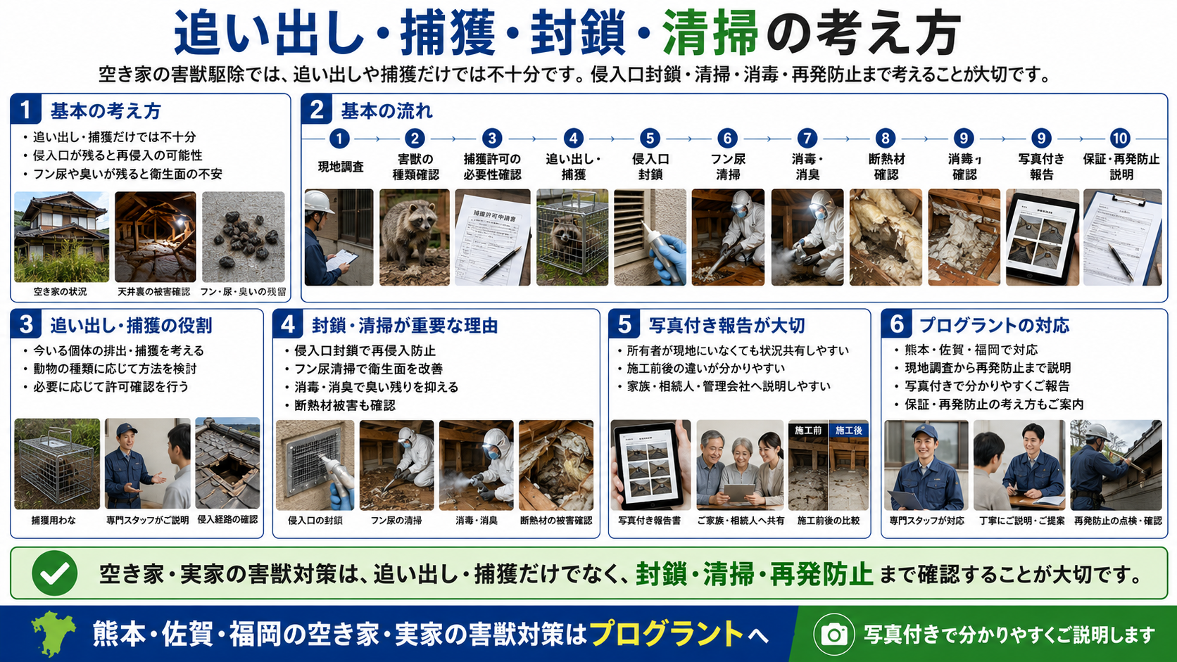株式会社プログラントの空き家・実家の害獣駆除における追い出し・捕獲・封鎖・清掃の考え方を解説する画像。熊本・佐賀・福岡で、現地調査、害獣の種類確認、捕獲許可の必要性確認、追い出し・捕獲、侵入口封鎖、フン尿清掃、消毒・消臭、断熱材確認、写真付き報告、保証・再発防止までの流れを写真付きで紹介