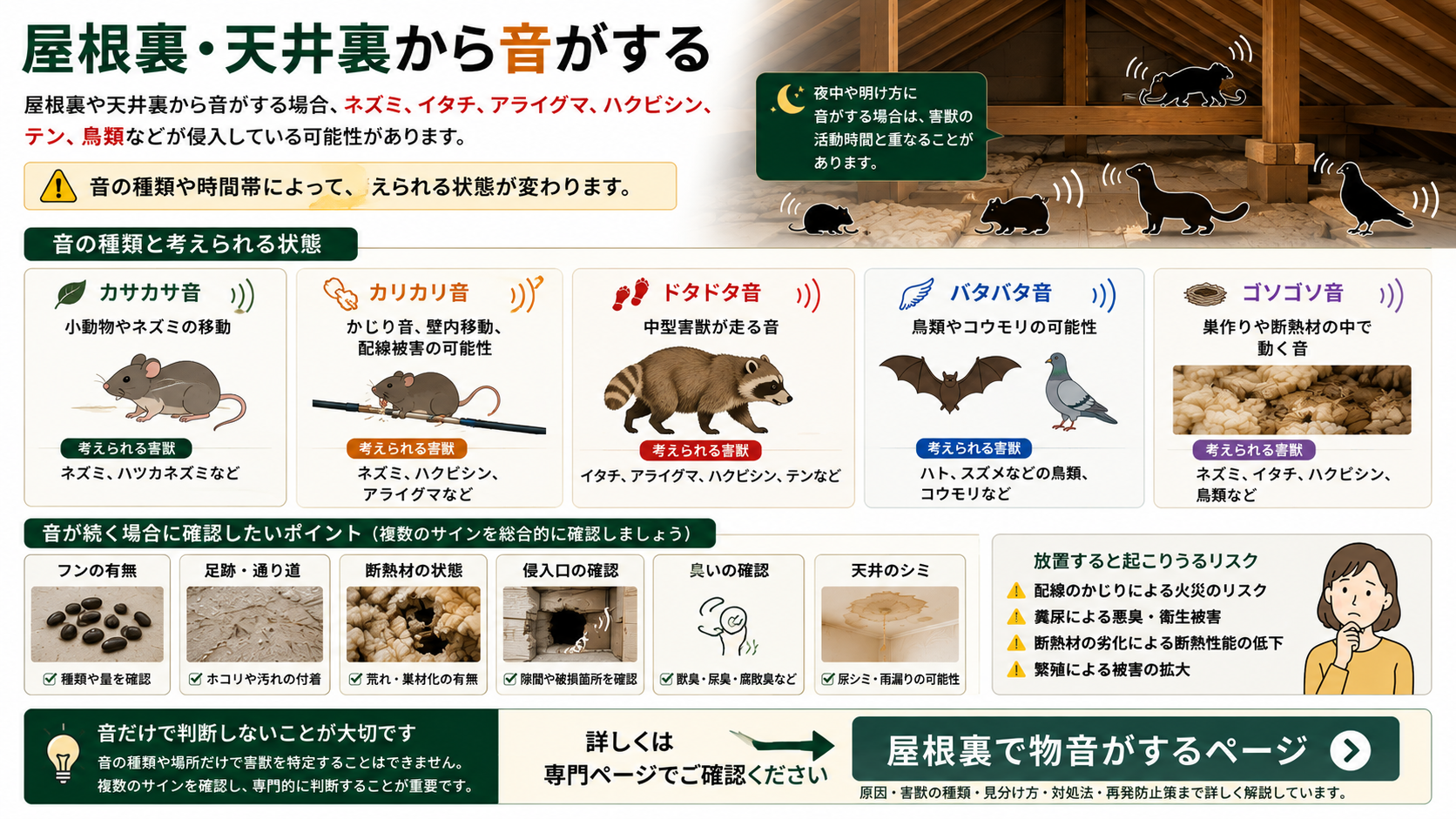屋根裏・天井裏から音がする原因を解説した図解、ネズミ・イタチ・アライグマ・ハクビシン・鳥類などの可能性とフン・足跡・断熱材・侵入口の確認ポイント