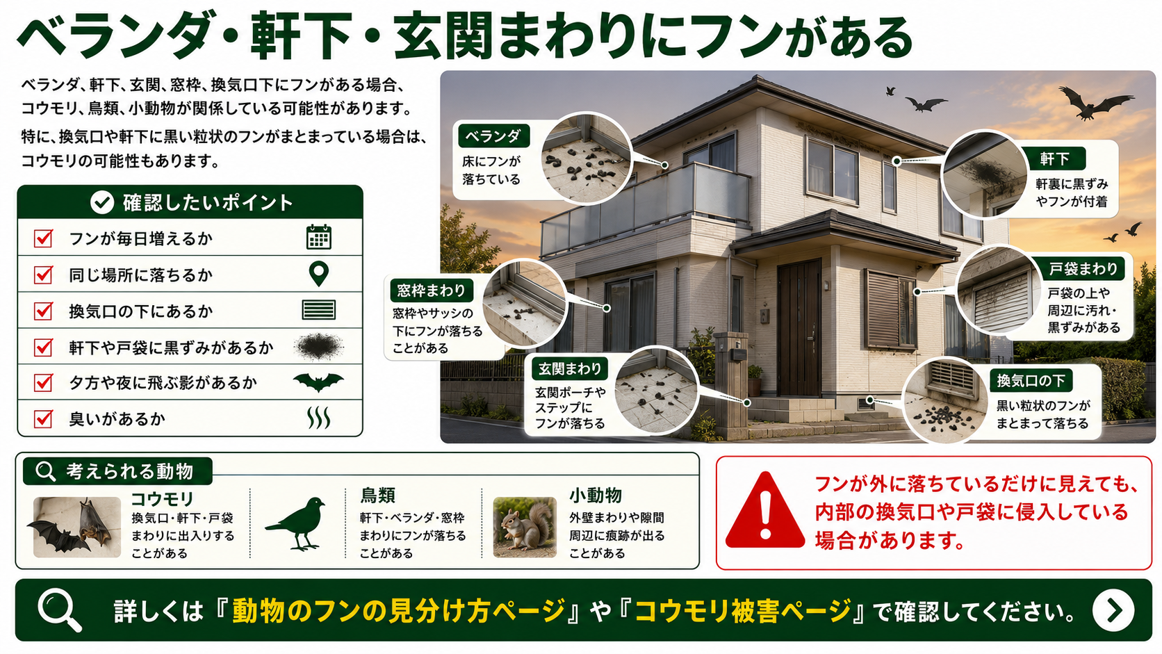 ベランダ・軒下・玄関まわりにフンがある原因を解説した図解、コウモリ・鳥類・小動物の可能性と換気口・戸袋・窓枠の確認ポイント