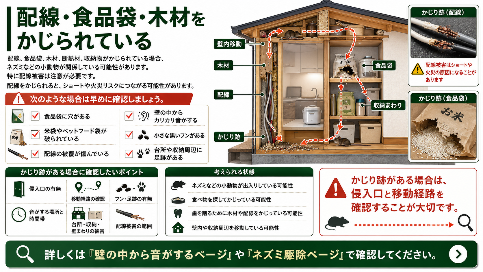 配線・食品袋・木材をかじられている原因を解説した図解、ネズミなど小動物によるかじり跡・フン・足跡・侵入口・移動経路の確認ポイント