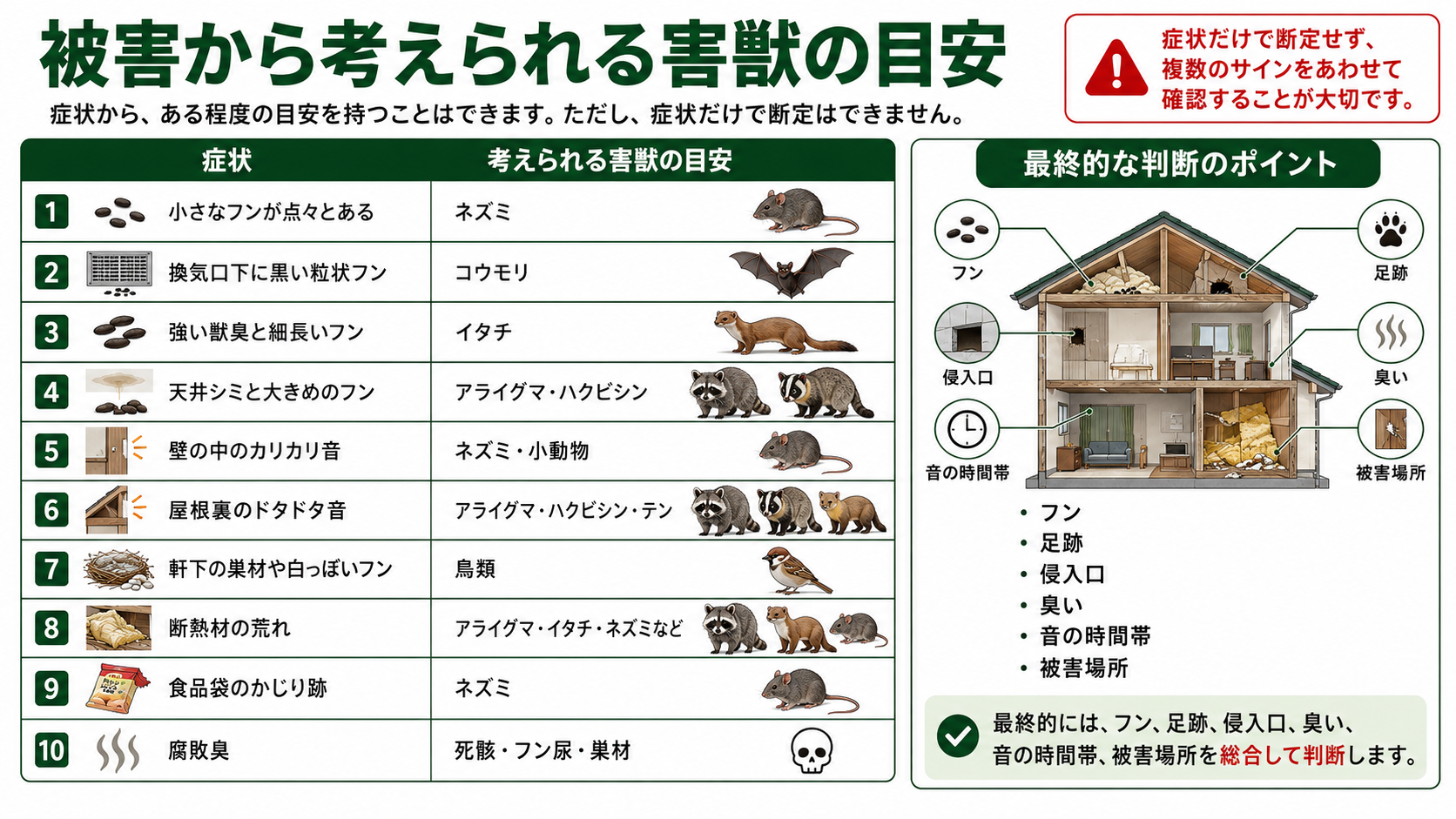 害獣被害の症状から考えられる動物の目安をまとめた図解、小さなフン・換気口下の黒いフン・獣臭・天井シミ・屋根裏の音などから確認するポイント