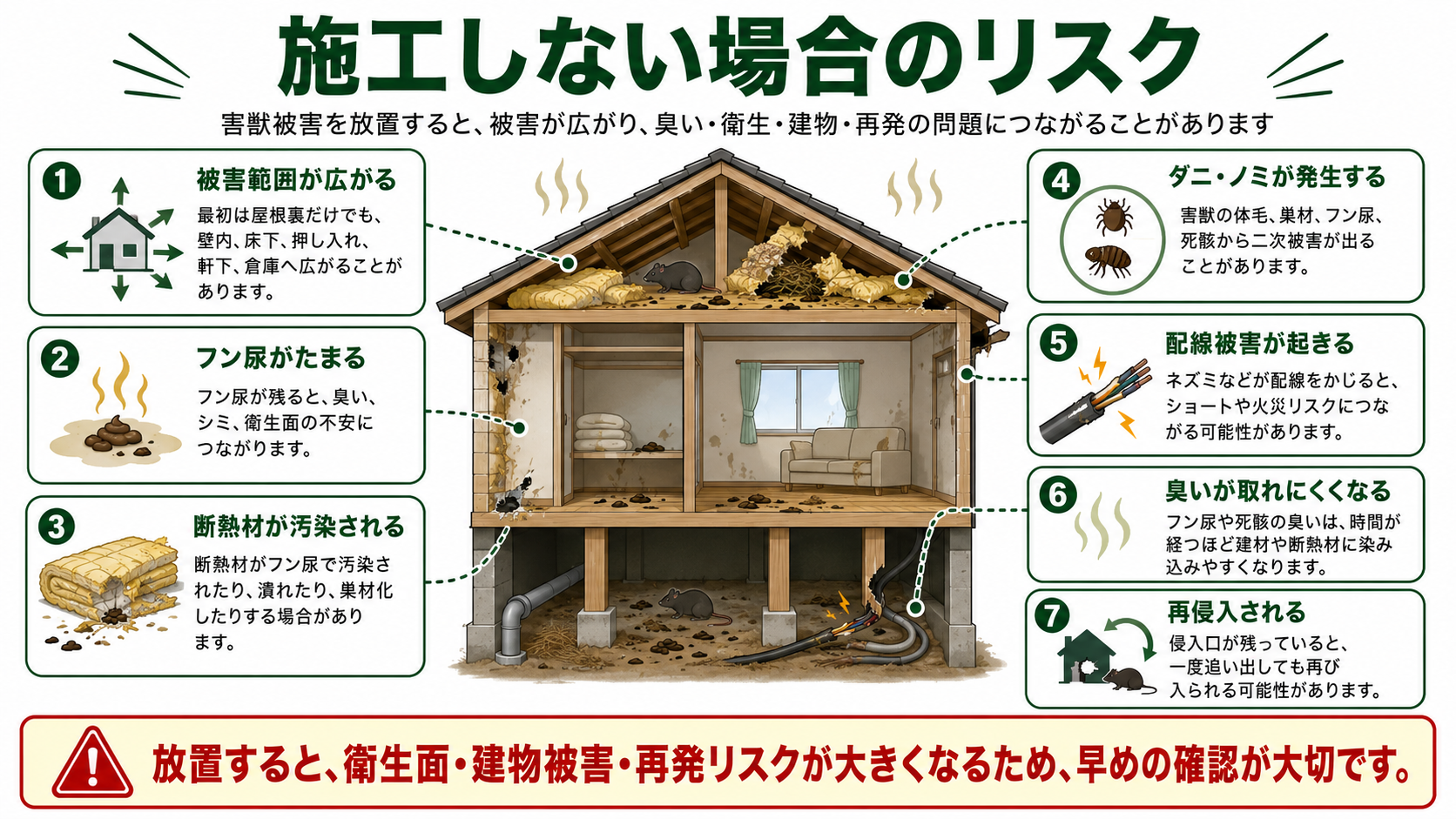 害獣被害を施工しない場合のリスクを解説した図解、フン尿の蓄積・断熱材汚染・ダニやノミ・配線被害・臭い・再侵入など放置による被害拡大