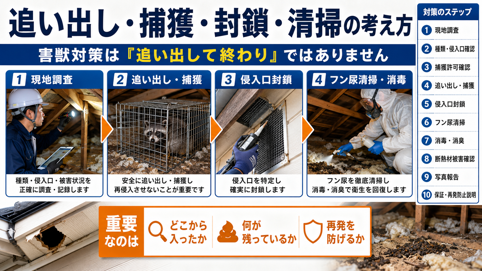 害獣駆除の追い出し・捕獲・侵入口封鎖・フン尿清掃と消毒の流れを写真付きで解説した16対9サムネイル画像。