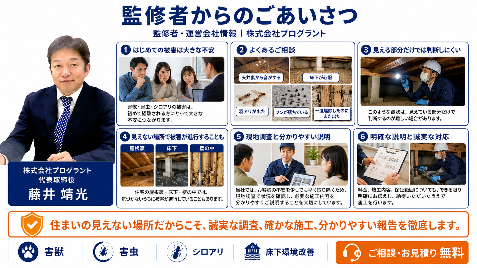 株式会社プログラント代表取締役の藤井靖光による監修者からのごあいさつとして、害獣・害虫・シロアリ被害の不安、現地調査、分かりやすい説明、誠実な施工方針を写真付きで紹介する画像
