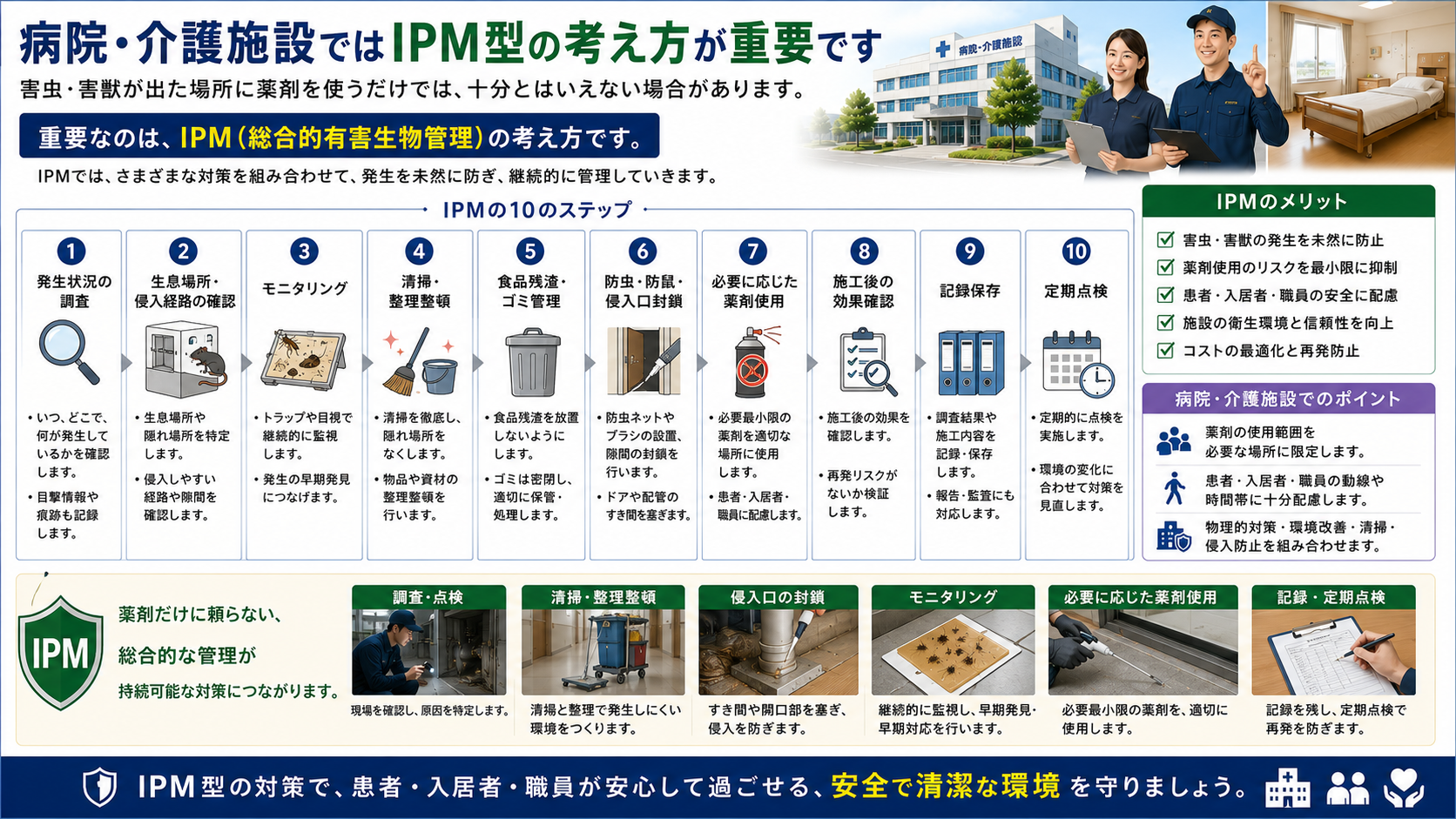 病院・介護施設の害虫・害獣対策に必要なIPM型管理として、発生状況調査、侵入経路確認、モニタリング、清掃整理、食品残渣管理、防虫防鼠、必要最小限の薬剤使用、効果確認、記録保存、定期点検を解説した16対9画像。