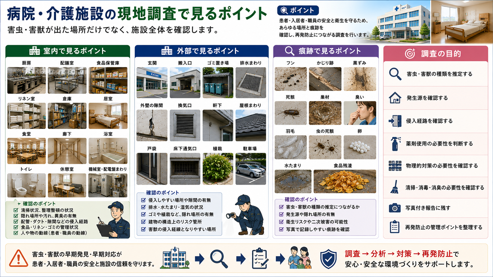 病院・介護施設の現地調査で見るポイントとして、厨房・配膳室・リネン室・居室・機械室・外周・屋根裏・床下の確認場所と、フン・かじり跡・黒ずみ・死骸・巣材・臭いなどの害虫害獣の痕跡を解説した16対9画像。