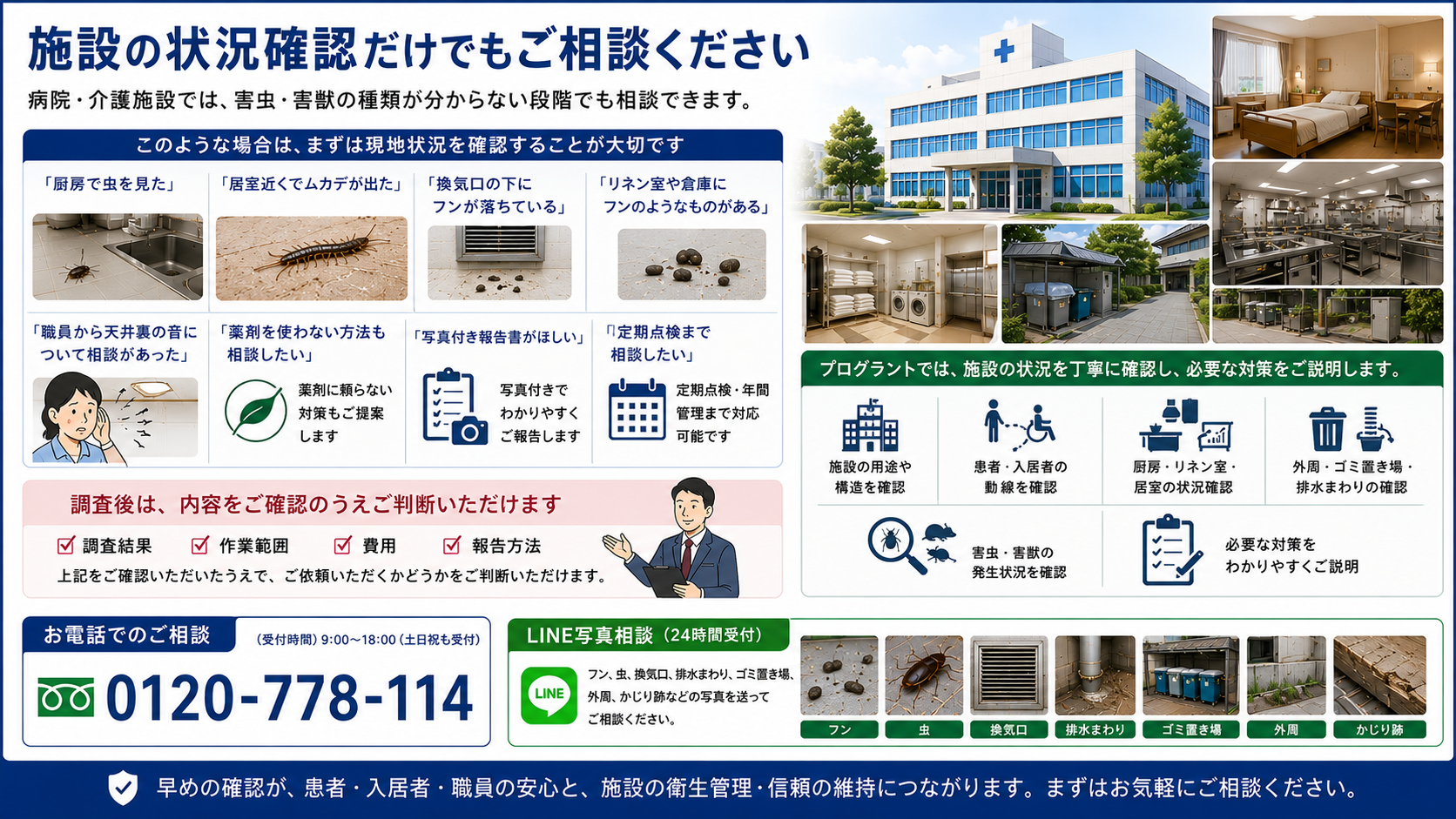 病院・介護施設で害虫・害獣の種類が分からない段階でも相談できることを案内し、厨房の虫、ムカデ、フン、天井裏の音、薬剤を使わない対策、写真付き報告書、定期点検まで相談できる内容をまとめた16対9画像。