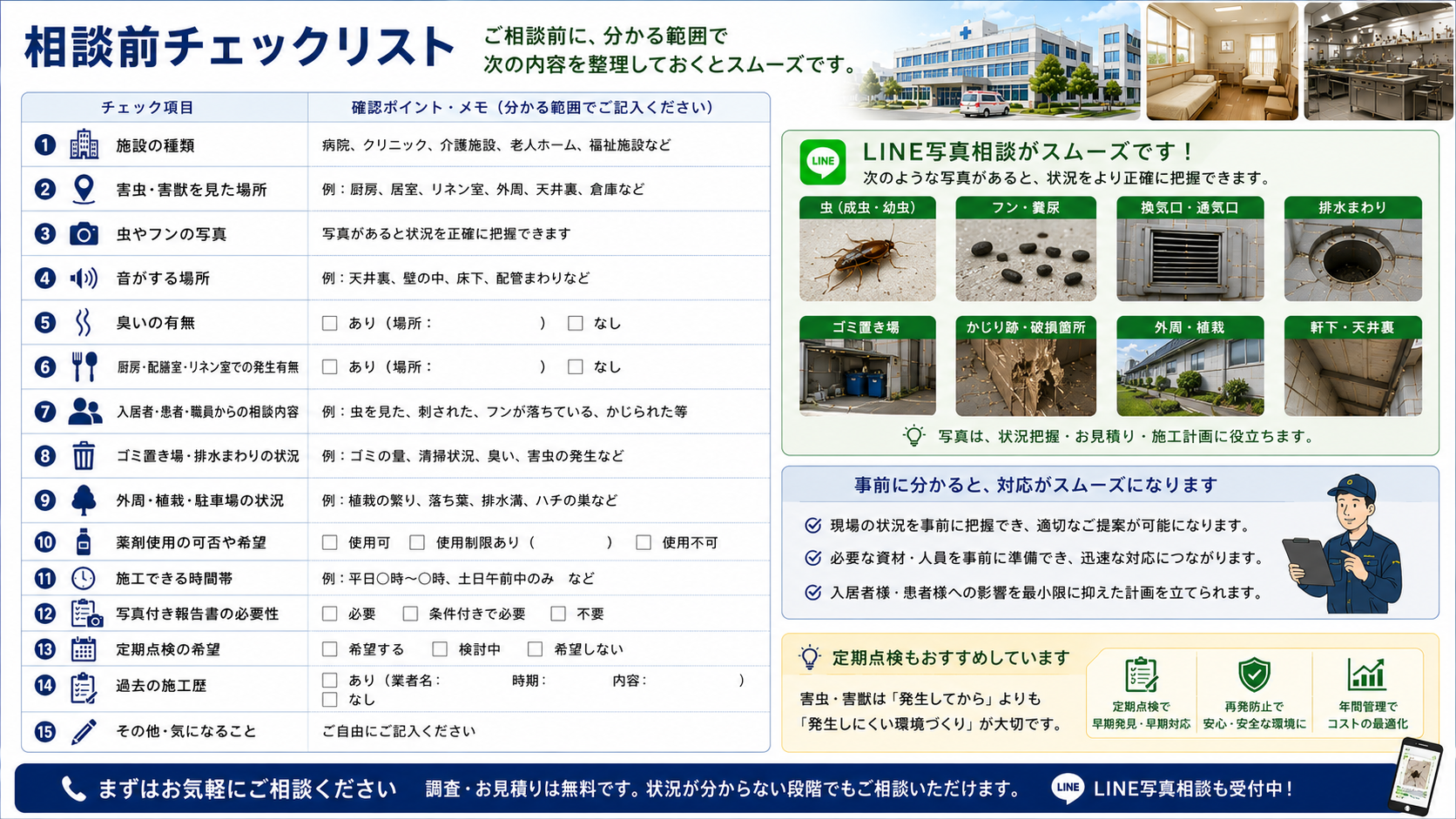 病院・介護施設の害虫・害獣相談前チェックリストとして、施設の種類、発生場所、虫やフンの写真、音や臭い、厨房・リネン室・ゴミ置き場の状況、薬剤使用可否、施工時間、写真付き報告書、定期点検、過去の施工歴をまとめた16対9画像。