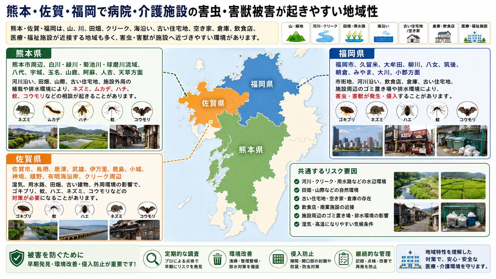 熊本・佐賀・福岡の病院・介護施設で害虫・害獣被害が起きやすい地域性を、河川・田畑・クリーク・海沿い・古い住宅地・空き家・倉庫・飲食店周辺などの環境要因とあわせて解説した16対9画像。