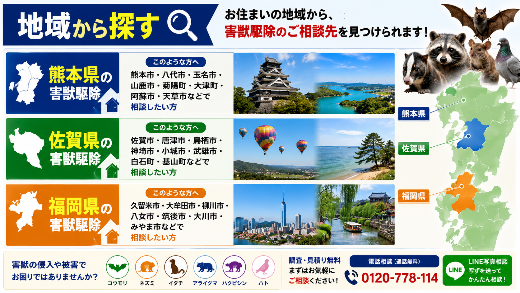 熊本県・佐賀県・福岡県の害獣駆除を地域から探せる案内画像|熊本市・佐賀市・久留米市など各地域のコウモリ・ネズミ・イタチ・アライグマ・ハクビシン・ハト被害相談に対応