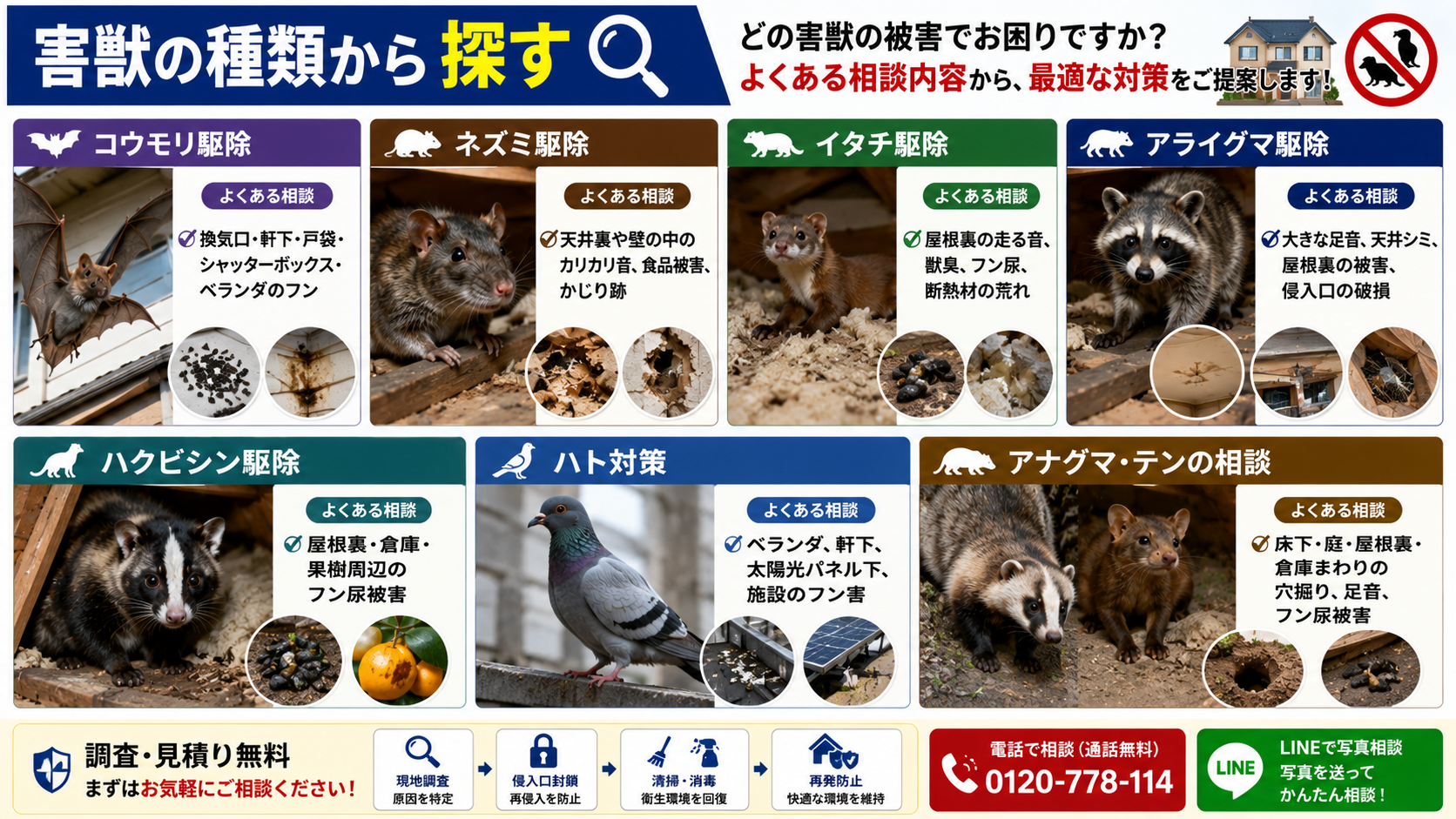 害獣の種類から探す害獣駆除案内画像|コウモリ・ネズミ・イタチ・アライグマ・ハクビシン・ハト・アナグマ・テンのよくある被害と調査・侵入口封鎖・清掃消毒・再発防止を解説