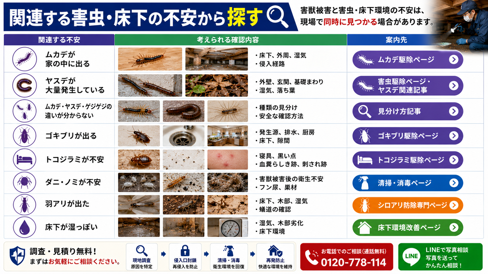 害獣被害と関連する害虫・床下の不安を探す案内画像|ムカデ・ヤスデ・ゲジゲジ・ゴキブリ・トコジラミ・ダニ・ノミ・羽アリ・床下湿気の確認内容と専門ページへの案内