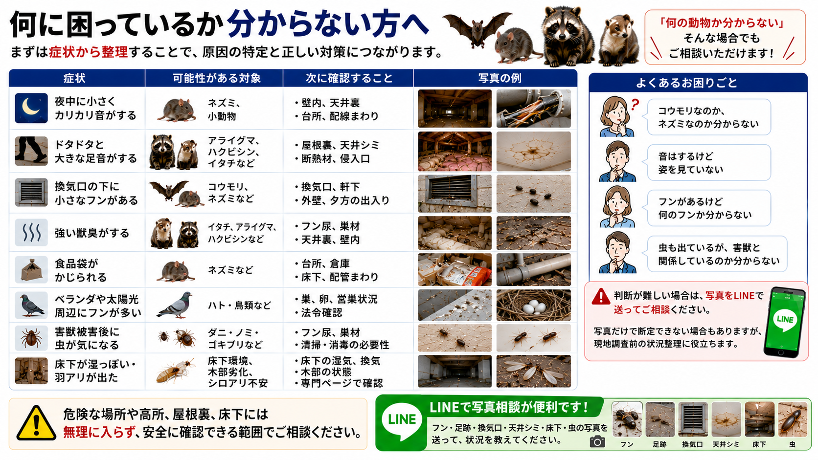 何に困っているか分からない方向け害獣診断画像|屋根裏の音・フン・獣臭・換気口の黒ずみ・食品被害・ベランダのフン・羽アリなどの症状から原因を整理し、LINE写真相談へ案内