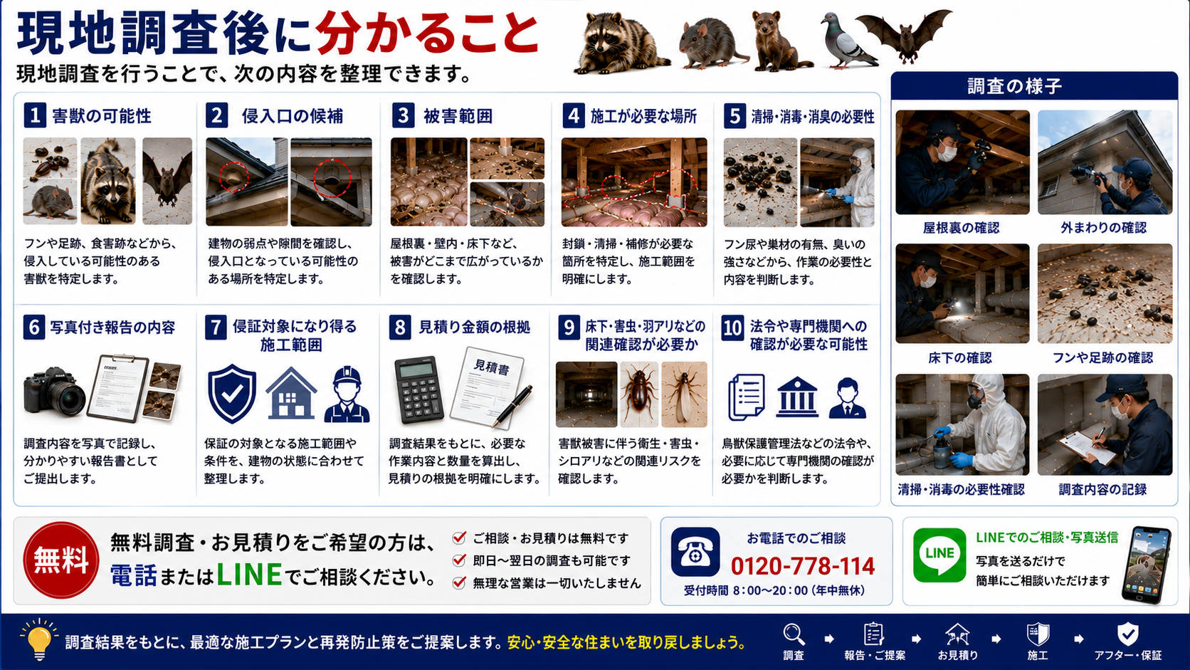 害獣駆除の現地調査後に分かることを解説した画像|害獣の可能性・侵入口候補・被害範囲・施工箇所・清掃消毒消臭・写真付き報告・保証範囲・見積り根拠まで整理
