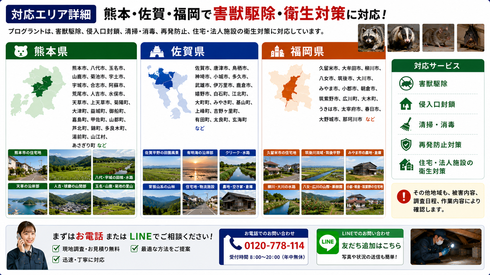 熊本・佐賀・福岡の害獣駆除対応エリア詳細を案内する画像|熊本市・佐賀市・久留米市など各市町村で侵入口封鎖・清掃消毒・再発防止・住宅や法人施設の衛生対策に対応